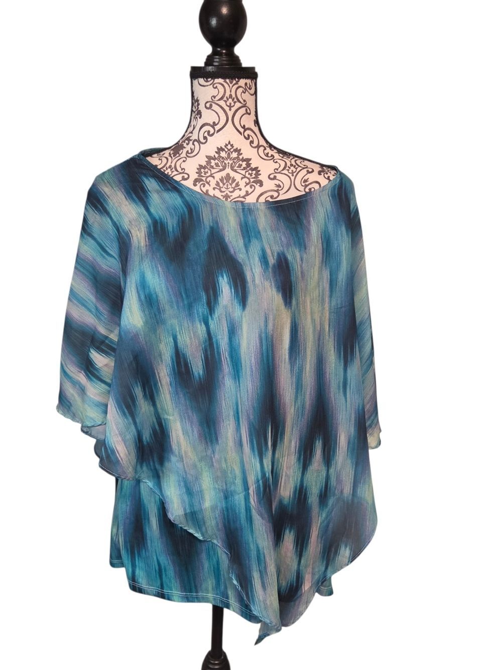 Indigo Soul Blue Abstract Watercolor Poncho Top L